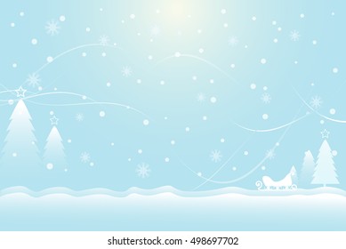 Snow, pine tree and sleigh Christmas soft blue background