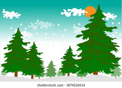 Schneekiefern mit frischem Himmel, wenig Schnee auf dem Vollmond.