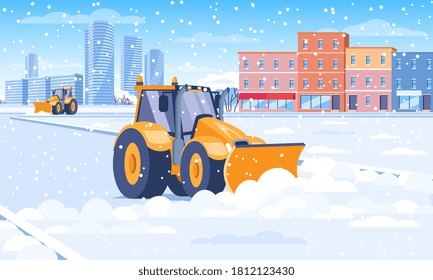 Snow plough clearing snow from a city street in winter in a concept of the seasons and transport, colored vector illustration