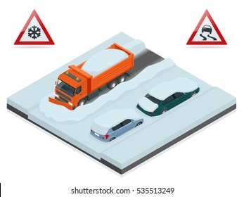 Snow plough truck clearing road after white out winter snowstorm blizzard for vehicle access. Cars covered in snow on a road during snowfall. Can be used for advertisement, infographics, game.