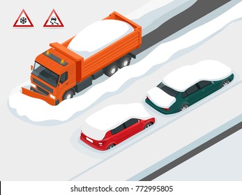 Snow plough truck clearing road after white-out winter snowstorm blizzard for vehicle access. Cars covered in snow on a road during snowfall. Can be used for advertisement, infographics, game.