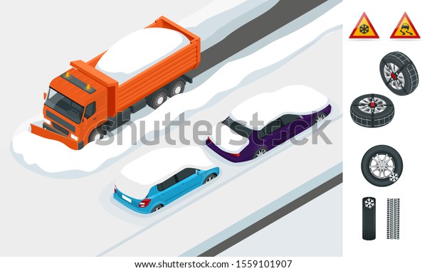 Snow plough truck clearing road after white-out\
winter snowstorm blizzard for vehicle access. Cars covered in snow\
on a road during\
snowfall.