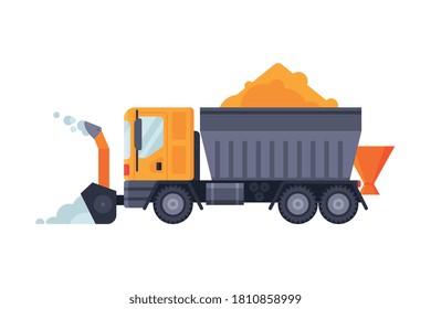 Snow Plow Blower Truck, Winter Snow Removal Machine, Heavy Professional Cleaning Road Vehicle Vector Illustration