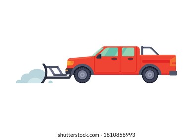 Snow Plow Pick Up Truck, Winter Snow Removal Machine, Cleaning Road Vehicle Vector Illustration