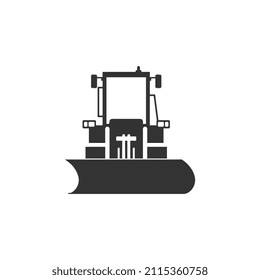 Snow plow tractor monochrome icon, flat vector illustration isolated on white background. Black and white service vehicle for snow and ice removing.