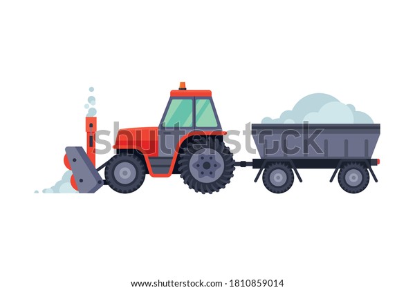 Snow Plow Tractor with\
Trailer, Winter Snow Removal Machine, Cleaning Road Vehicle Vector\
Illustration