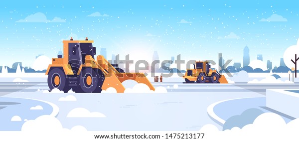 snow plow tractors cleaning city snowy roads\
winter streets snow removal concept modern cityscape sunshine\
background flat\
horizontal