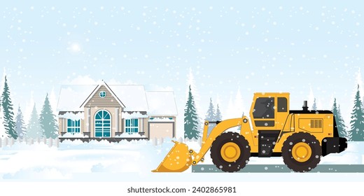 Snow plow truck cleaning area streets winter snow removal after snowfall winter snow removal concept, cleaning snow on the streets of the city vector illustration.