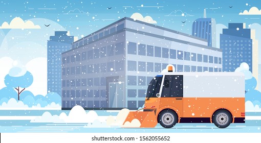 snow plow truck cleaning city road afrer snowfall winter snow removal concept modern cityscape background horizontal vector illustration