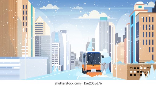 snow plow truck cleaning city road afrer snowfall winter snow removal concept modern cityscape background horizontal vector illustration