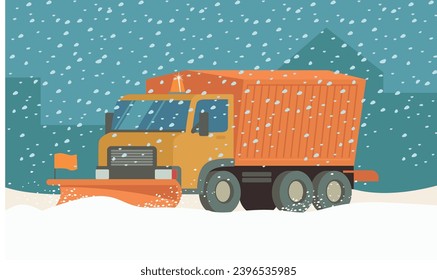 snow plow truck cleaning city snowy road during heavy snowfall