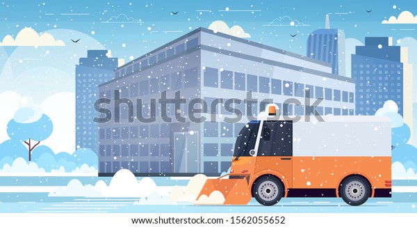 snow plow truck cleaning city road afrer\
snowfall winter snow removal concept modern cityscape background\
horizontal vector\
illustration