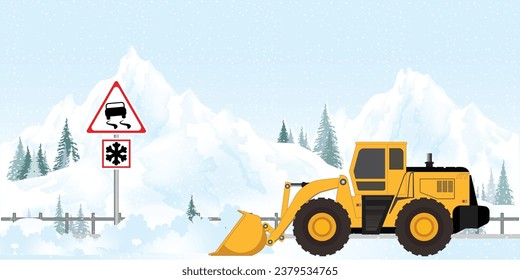 Snow plow truck cleaning highway road after snowfall winter snow removal concept mountains landscape , vector illustration.