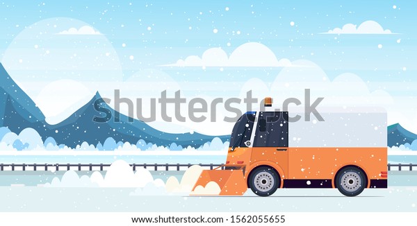 snow plow truck cleaning highway road afrer\
snowfall winter snow removal concept mountains landscape background\
horizontal vector\
illustration