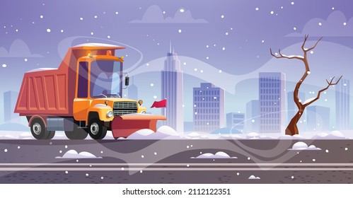 Snow plow truck cleaning on winter road