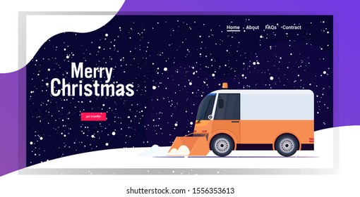 snow plow truck cleaning road afrer snowfall winter snow removal concept copy space horizontal vector illustration