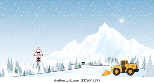 Snow plow truck cleaning snowy road in snowstorm. Snowfall on the driveway, cleaning snow on the streets vector illustration.