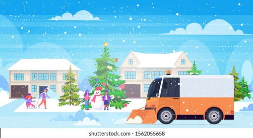 snow plow truck cleaning street afrer snowfall winter snow removal concept countryside background horizontal vector illustration