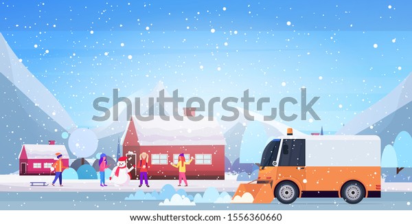 snow plow truck cleaning street afrer\
snowfall winter snow removal concept countryside landscape\
background horizontal vector\
illustration