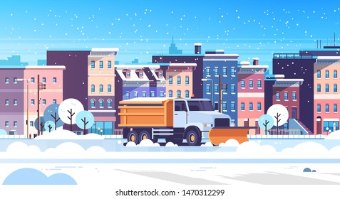 snow plow truck cleaning urban snowy road winter street snow removal concept modern city buildings cityscape background flat horizontal