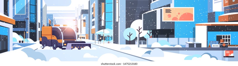 snow plow truck cleaning urban downtown street with skyscrapers business buildings winter snow removal concept sunshine cityscape background flat horizontal