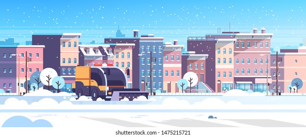 snow plow truck cleaning urban residential area streets winter snow removal concept modern city buildings cityscape background flat horizontal