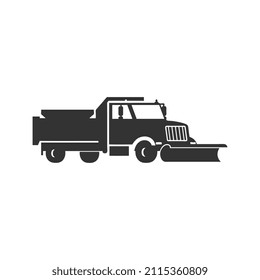 Snow plow truck monochrome black and white icon, flat vector illustration isolated on white background. Service vehicle for snow removal and street cleaning.