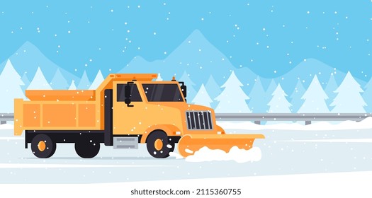 Snow plow truck removes snow from highway, winter landscape in flat style, vector illustration. Service vehicle cleans roads after snowstorm and snowfall.