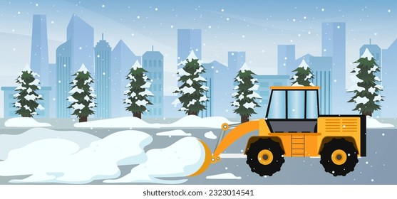 snow plow truck service, snow plow truck remove snow during winter storm vector illustration, Snowplow Tractor clear snow from pedestrian zone