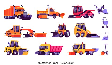 Ilustración vectorial de coche de arado de nieve. Caricatura profesional colorida de remolcador de remolinos de nieve traktor coche limpiando la nieve de la carretera, nieve. Iconos de visión lateral de los equipos de invierno planos, aislados en blanco