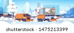snow plow trucks cleaning road urban downtown street with skyscrapers business buildings winter snow removal concept sunshine cityscape background flat horizontal