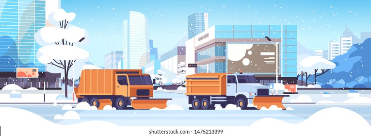 snow plow trucks cleaning road urban downtown street with skyscrapers business buildings winter snow removal concept sunshine cityscape background flat horizontal