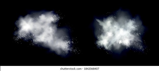 Snow Powder White Explosion, Ice Or Snowflakes Splash Clouds, Dry Dust Splashes Design Elements For Christmas, New Year Holidays Promo Isolated On Black Background. Realistic 3d Vector Illustration