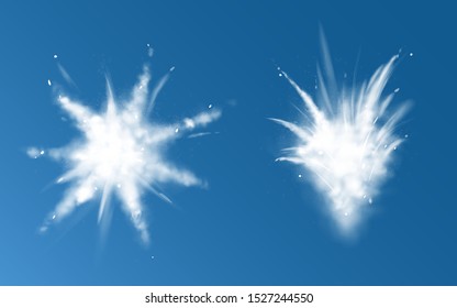 Snow powder white explosion set top and side view, vector ice or snowflakes splash clouds, design elements for christmas, new year holidays promo isolated on blue background. Realistic 3d illustration
