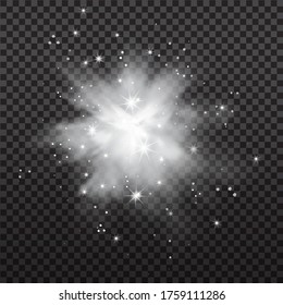 Snow powder. White explosion of snow splash or clouds of powder, design elements for christmas, new year holidays on dark background. Vector illustration