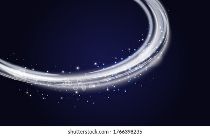 Snow powder. White wind of snow and light trail, design elements for christmas, new year holidays on dark background. White waved trail and powder. Vector illustration