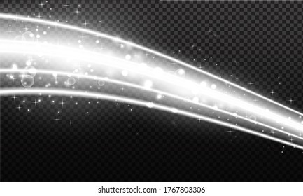 Polvo de nieve. Viento blanco de nieve y rastro de luz, elementos de diseño para navidad, vacaciones de año nuevo sobre fondo oscuro. Pista blanca ondulada y polvo. Ilustración del vector