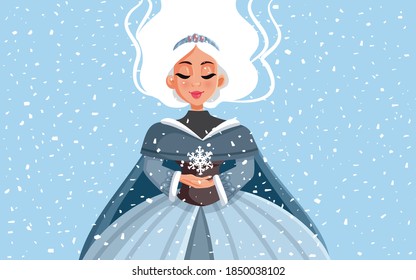 Snow Queen Holding Snowflake in Winter Time. Cartoon portrait of a beautiful winter princess 
