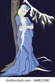 The Snow Queen near a Christmas tree. EPS10 vector illustration.