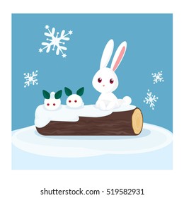 Snow Rabbit On Tree Log