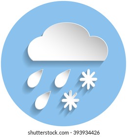 Snow and rain cloud icon in paper style on blue round background
