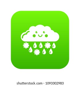 Snow and rain icon green vector isolated on white background