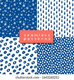 Snow and rain season seamless patterns. Doodle style. White and Blue colors. Repeatable. Use it for backdrop, wrapping paper, textile design. Isolated. Stock illustration.