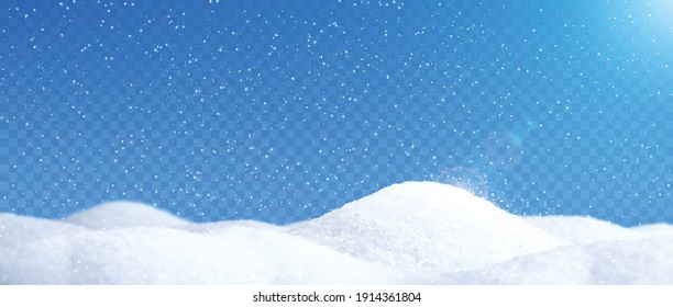 Fondo de paisaje realista de nieve con showfall y copos de nieve ilustración vectorial transparente
