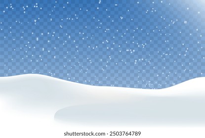 Snow realistic landscape background with snowfall and snowflakes. Vector