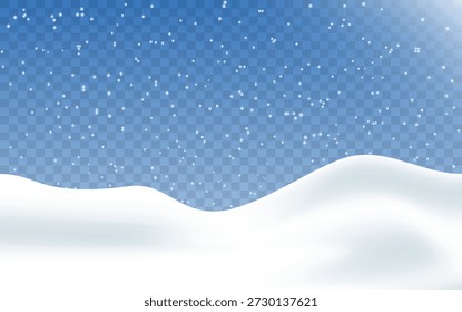 Fondo de paisaje realista de nieve con nevadas y copos de nieve. Vector
