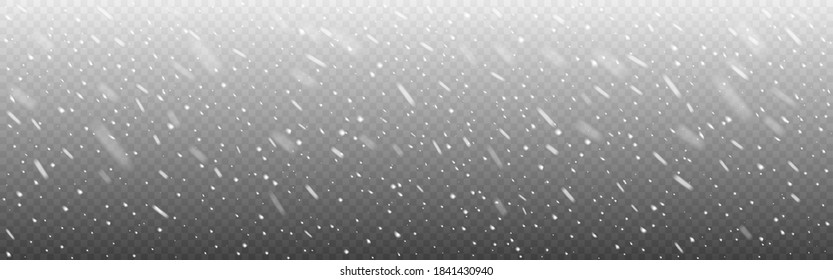 Snow realistic on wide transparent backdrop. Christmas falling snowflakes. Defocused snowfall on dark template. Winter snow flakes. Snowy texture with white flakes. Vector illustration.