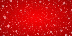 Snow Red Background. Christmas Snowy Winter Design. White Falling Snowflakes, Abstract Landscape. Cold Weather Effect. Magic Nature Fantasy Snowfall Texture Decoration. Vector Illustration