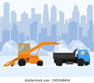 Snow removal in big city vector illustration. Two machine work and clean street, road. Snow remove blower loading pile of snow to lorry. Winter cityscape with drifts background.