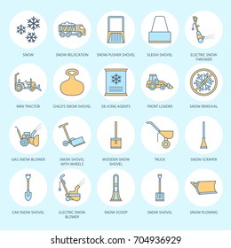 Snow removal colored flat line icons. Ice relocation service signs. Cold weather equipment - thrower, blower, truck, front loader, shovel. Vector illustration, industrial cleaning symbols.
